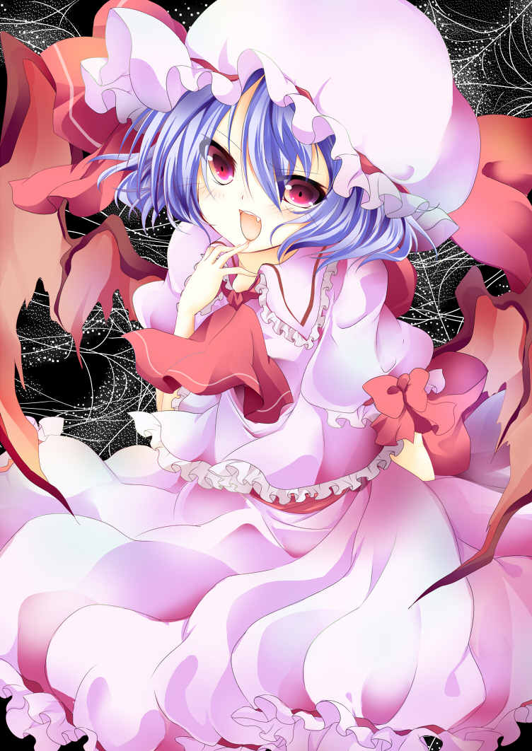 ascot bat_wings blue_hair bow hat hat_ribbon open_mouth puffy_sleeves red_eyes remilia_scarlet ribbon short_hair short_sleeves solo touhou umino_mizu wings