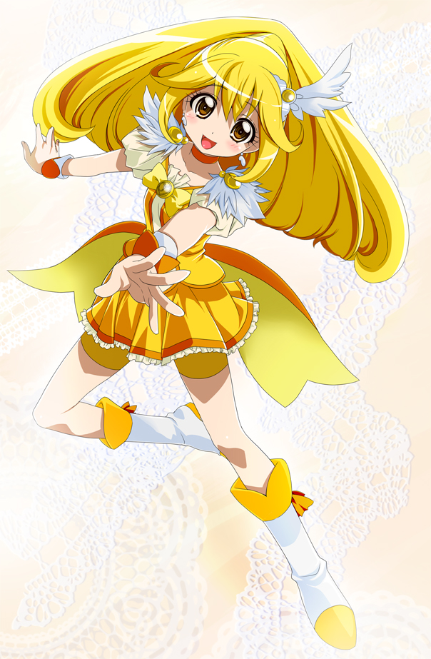 bike_shorts blonde_hair boots bow bowtie brooch brown_eyes choker cure_peace earrings full_body hair_flaps jewelry kise_yayoi long_hair magical_girl monchuchu precure shorts shorts_under_skirt skirt smile smile_precure! solo white_background wrist_cuffs yellow yellow_bow yellow_shorts yellow_skirt