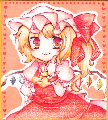 ascot bad_id bad_pixiv_id blonde_hair blush bow crystal flandre_scarlet hat hat_bow lowres puffy_sleeves red_eyes sanotsuki shikishi short_hair short_sleeves side_ponytail smile solo touhou traditional_media wings wrist_cuffs