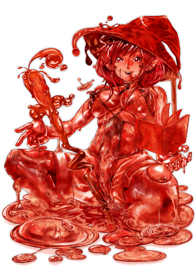 book breasts covered_nipples cross freeride-art goo_girl hat large_breasts long_hair magician monster_girl original pointy_ears red red_eyes red_hair solo spread_legs staff witch_hat