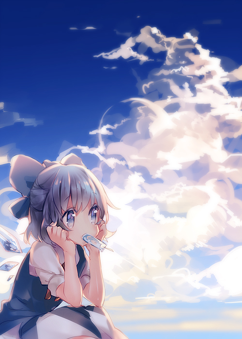 bad_id bad_pixiv_id blue_dress blue_eyes blue_sky bow cirno cloud day dress food hair_bow head_rest mouth_hold namie-kun popsicle puffy_sleeves shirt short_hair short_sleeves sitting sky solo touhou wings