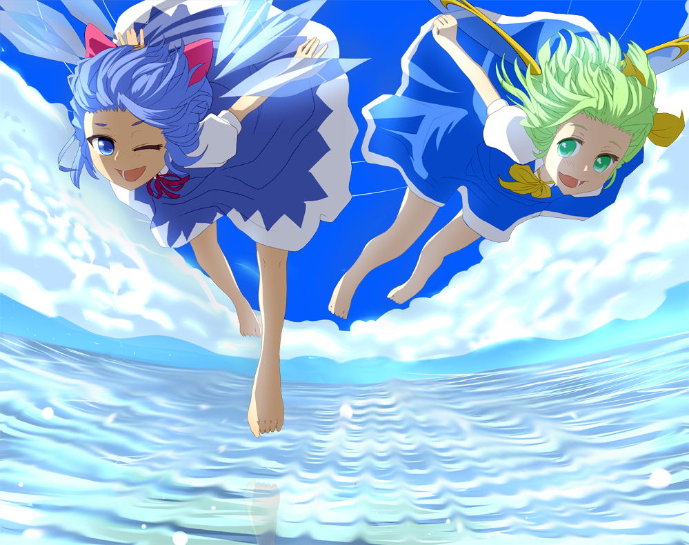 barefoot blue_eyes blue_hair blush bow cirno daiyousei dress flying green_hair hair_bow ice ice_wings ishikkoro multiple_girls one_eye_closed open_mouth short_hair short_sleeves smile touhou wings