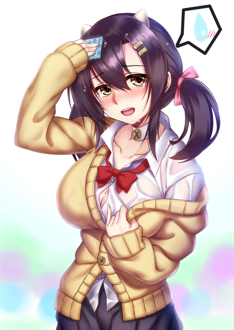 1girl azur_lane black_hair black_skirt blush bow breasts brown_eyes button_gap cardigan collarbone collared_shirt dress_shirt eyebrows_visible_through_hair hair_between_eyes hair_ornament hair_ribbon hairclip handkerchief horns ken_ill large_breasts long_hair long_sleeves looking_at_viewer nagara_(azur_lane) nose_blush open_cardigan open_clothes open_mouth pink_ribbon pleated_skirt red_bow red_neckwear ribbon school_uniform shirt skirt sleeves_past_wrists solo sweater twintails wet wet_clothes white_shirt wiping yellow_sweater