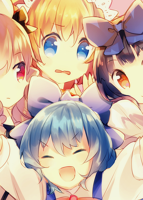 arms_up bad_id bad_pixiv_id black_hair blonde_hair blue_eyes blue_hair bow brown_eyes brown_hair cirno closed_eyes crowded hair_bow luna_child multiple_girls namie-kun open_mouth red_eyes short_hair smile star_sapphire sunny_milk touhou wavy_mouth