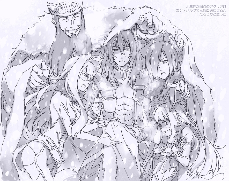 2girls 3boys abs agria agria_(tales) ahoge animal_ears armor beard belt bodysuit breasts cape cat_ears cat_tail coat cup dress eyes_closed facial_hair freckles fur fur_collar gaias gaius_(tales) glasses hair_over_one_eye hat headgear jao jiao_(tales) long_hair low-tied_long_hair monochrome multiple_boys multiple_girls muscle open_mouth pants presa_(tales) preza tail tales_of_(series) tales_of_xillia wingar wingul_(tales)
