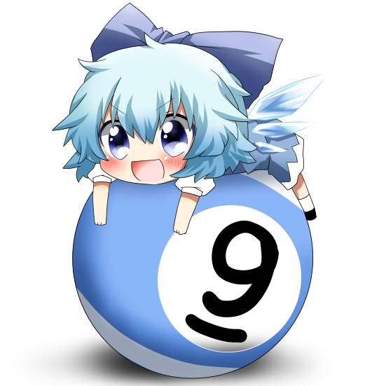 1girl bad_id bad_pixiv_id ball billiards blue_dress blue_eyes blue_hair blush bow chibi cirno cue_ball dress hair_bow lying on_stomach open_mouth rebecca_(keinelove) short_hair smile solo touhou wings