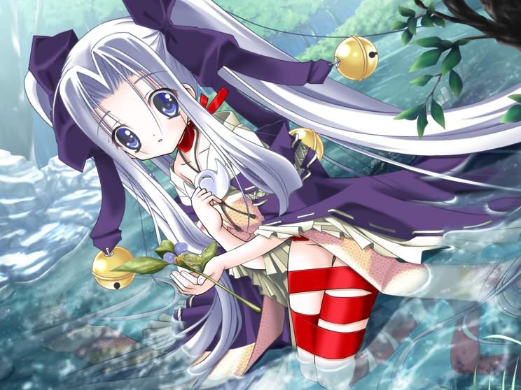 1girl abeno_chaco bell bells blue_eyes flat_chest kuro_no_miko_hime_mayu lifox_(company) looking_at_viewer magatama mitama_no_yuki outdoors partially_submerged ribbon solo source_request twintails water