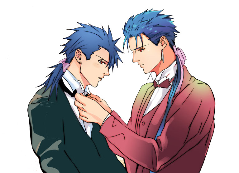 adjusting_bow adjusting_clothes blue_hair bow bowtie cu_chulainn_(fate/prototype) dressing_another dual_persona fate/prototype fate/stay_night fate_(series) formal kireru lancer long_hair male_focus multiple_boys ponytail red_eyes suit