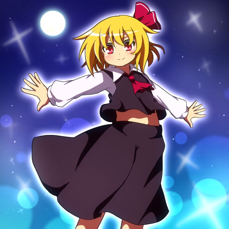 ascot blonde_hair do_(4-rt) full_moon hair_ribbon moon navel outstretched_arms red_eyes ribbon rumia short_hair skirt smile solo touhou