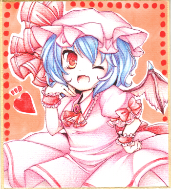 ascot bad_id bad_pixiv_id bat_wings blue_hair crystal hat hat_ribbon heart lowres one_eye_closed open_mouth puffy_sleeves red_eyes remilia_scarlet ribbon sanotsuki shikishi short_hair short_sleeves solo touhou traditional_media wings wrist_cuffs