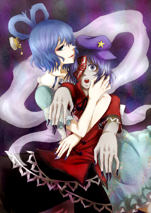 blue_hair chinese_clothes fingernails green_eyes hair_ornament hair_rings hair_stick hat kaku_seiga manasseh miyako_yoshika multiple_girls open_mouth outstretched_arms puffy_sleeves purple_eyes purple_hair sharp_fingernails shawl short_hair short_sleeves star touhou zombie_pose