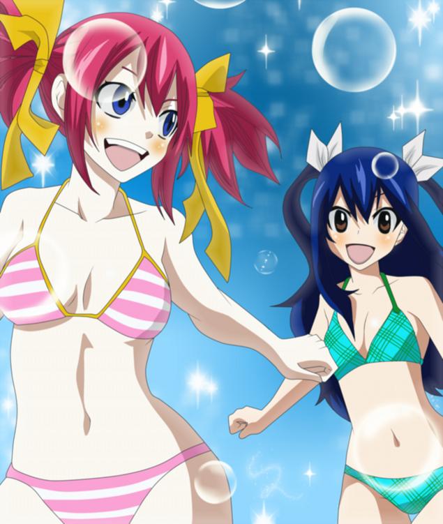 2girls blue_eyes blue_hair brown_eyes bubbles chelia_blendy fairy_tail loli mashima_hiro red_hair sparkles swimsuit wendy_marvell