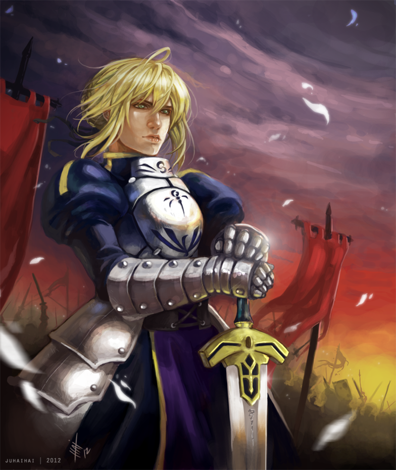 1girl ahoge armor armored_dress army blonde_hair dress excalibur fate/stay_night fate_(series) faulds flag gauntlets green_eyes hair_ribbon hands_on_hilt juhaihai lips planted_sword planted_weapon realistic ribbon saber solo sword weapon