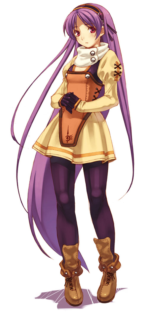 black_legwear full_body hairband hands_clasped hirano_katsuyuki long_hair official_art own_hands_together pantyhose purple_hair rainmilan_(spectral_souls) red_eyes shoes skirt solo spectral_(series) spectral_souls very_long_hair white_background yellow_skirt
