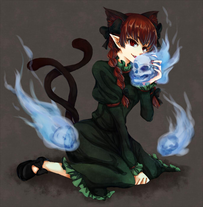 animal_ears bad_id bad_pixiv_id braid cat_ears cat_tail extra_ears kaenbyou_rin long_hair long_sleeves manasseh multiple_tails open_mouth pointy_ears puffy_sleeves red_eyes red_hair solo spirits tail touhou twin_braids