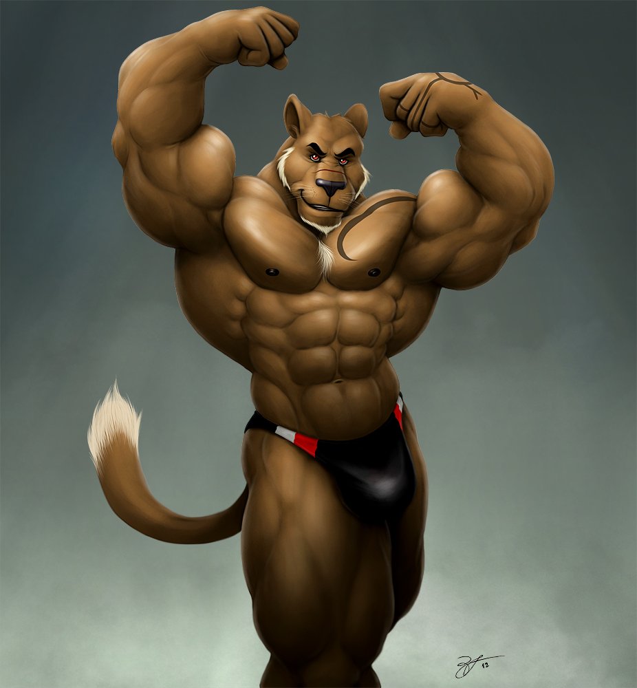 anthro beard biceps big_muscles bodybuilder braford bulge chest_tuft clothed clothing cougar facial_hair feline flexing fur goatee hairy half-dressed huge_muscles male mammal muscles nipples pecs pose red_eyes scar solo speedo swimsuit tattoo thong topless tuft underwear vein