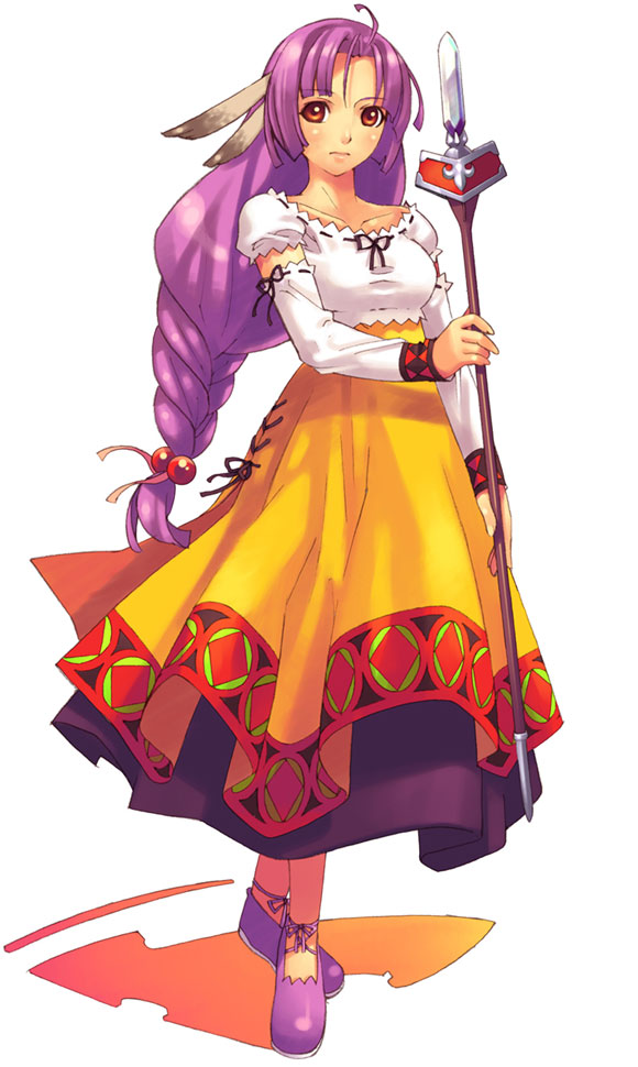 braid brown_eyes dress expressionless full_body hirano_katsuyuki long_hair neige_(spectral_souls) official_art purple_hair shoes solo spectral_(series) spectral_souls wand white_background yellow_dress