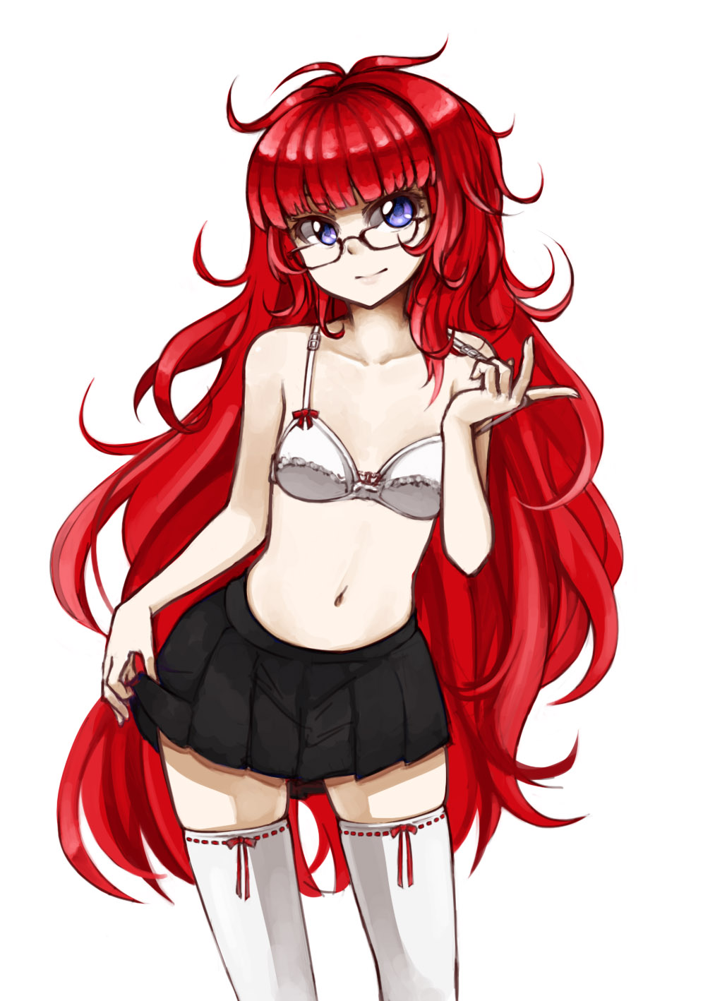bra contrapposto copyright_request flat_chest glasses highres long_hair messy_hair midriff miniskirt navel pas_(paxiti) pleated_skirt purple_eyes red_hair skindentation skirt smile solo standing strap_pull thighhighs underwear very_long_hair white_bra zettai_ryouiki