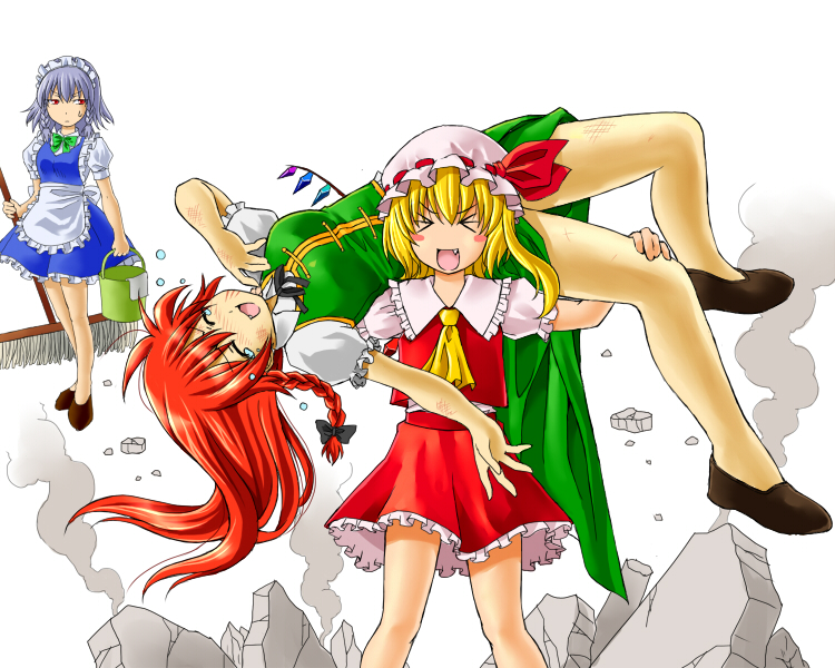 &gt;_&lt; :d apron ascot bad_id bad_pixiv_id blonde_hair blue_dress blush_stickers bow braid bucket carrying_over_shoulder chinese_clothes crystal dress fang flandre_scarlet frilled_apron frilled_shirt_collar frilled_skirt frilled_sleeves frills green_bow hat hat_ribbon hong_meiling izayoi_sakuya laughing light_blush long_hair maid_apron maid_headdress mob_cap mop multiple_girls open_mouth puffy_short_sleeves puffy_sleeves ragi_(schrdngr) red_bow red_eyes red_hair red_ribbon red_skirt red_vest ribbon short_sleeves side_ponytail silver_hair skirt smile smoke sweatdrop tearing_up touhou twin_braids vest wings wrestling xd yellow_neckwear