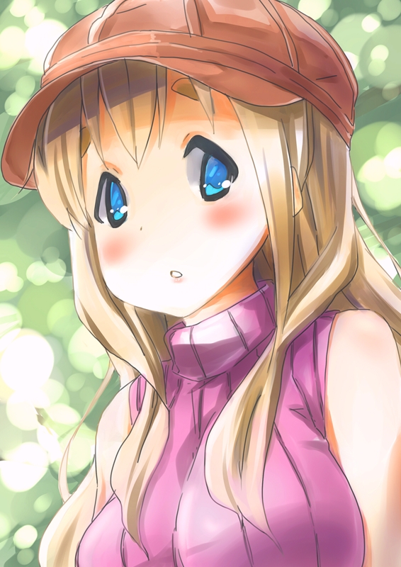 bad_id bad_pixiv_id beret blonde_hair blue_eyes blush casual hat k-on! kotobuki_tsumugi long_hair looking_at_viewer parted_lips ribbed_sweater sleeveless sleeveless_turtleneck solo sweater turtleneck upper_body y_(sy20)