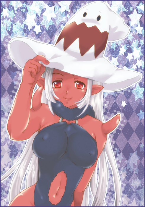 1girl bare_shoulders breasts c163 dragon_quest dragon_quest_x erect_nipples hat horns large_breasts long_hair monster_girl navel ogre_(dq10) pointy_ears ponytail red_eyes red_skin scarf smile solo spikes tail tattoo white_hair