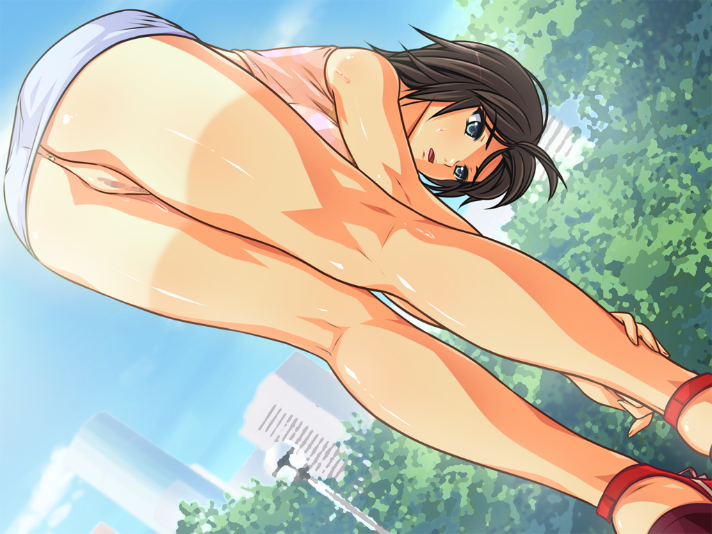 1girl anus ass bent_over censored city dutch_angle kodamashi mazokano_hamareta_rikujobuin miniskirt no_panties no_underwear open_mouth outdoors public pussy skirt tan tanline