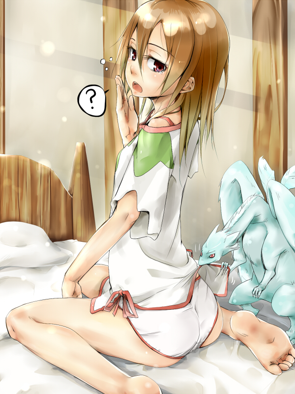 ? akino_shuu ass barefoot bed brown_hair dragon from_behind hair_down long_hair looking_back on_bed panties pillow pina_(sao) purple_eyes red_eyes ribbon silica sitting solo spoken_question_mark sword_art_online tears toes underwear wariza white_panties wings