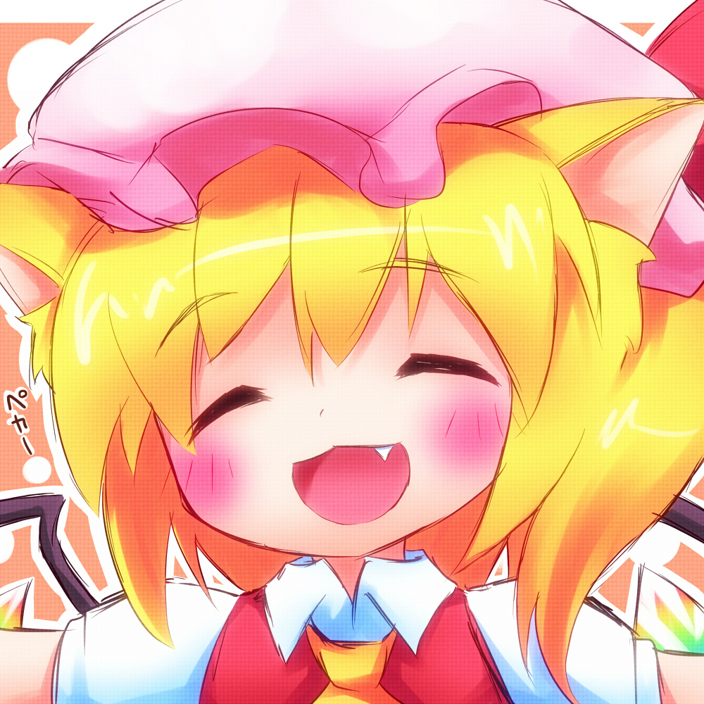 ^_^ animal_ears ascot ayakashi_(monkeypanch) bad_id bad_pixiv_id blonde_hair blush cat_ears closed_eyes dress_shirt fang flandre_scarlet hat kemonomimi_mode open_mouth outstretched_arms shirt short_hair smile solo touhou upper_body wings