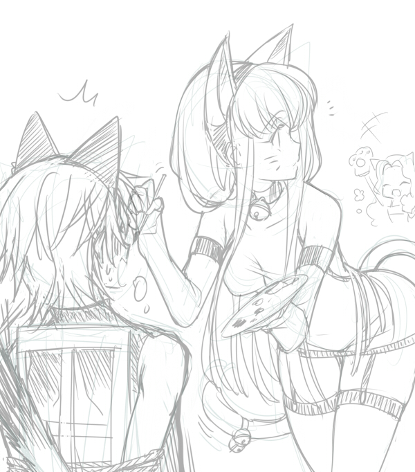 2girls animal_ears bound c.c. cat_ears chair code_geass creayus lelouch_lamperouge lineart monochrome multiple_girls nunnally_lamperouge sketch tail tied_up