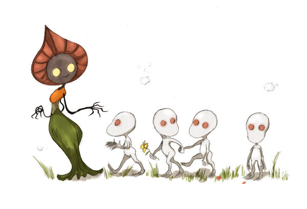 alien ambiguous_gender cute dover_demon dress flatwoods_monster flower grass i plain_background red_eyes smile white_background white_body yellow_eyes