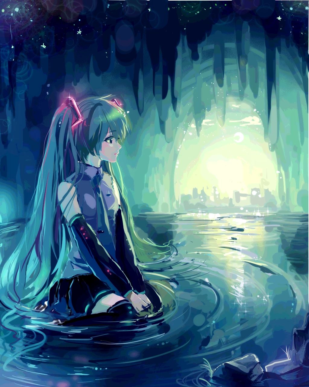 bad_id bad_pixiv_id cave detached_sleeves green_hair hatsune_miku highres long_hair necktie sitting skirt solo thighhighs twintails very_long_hair vocaloid water yuumare
