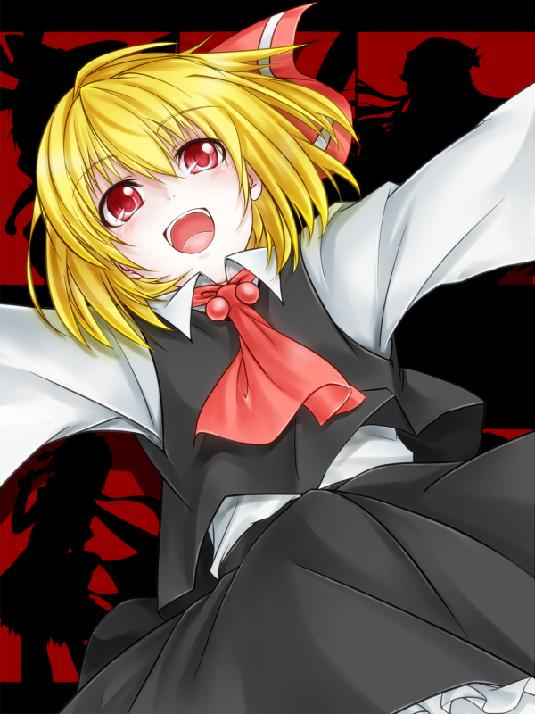 blonde_hair blouse blush cofi_(eternal) hair_ornament hair_ribbon looking_at_viewer open_mouth outstretched_arms red_eyes ribbon rumia shirt silhouette skirt skirt_set smile solo touhou