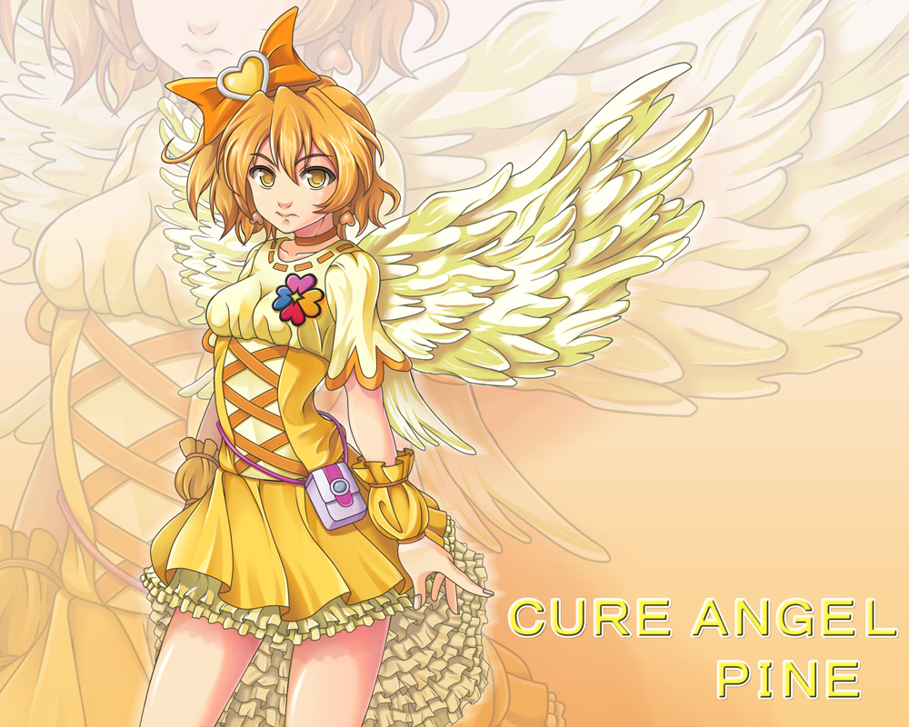 bow brown_eyes brown_hair character_name choker cure_angel_(fresh_precure!) cure_pine expressionless fresh_precure! frills hair_bow hair_ornament heart heart_hair_ornament magical_girl ntk_51 orange_background orange_choker precure short_hair skirt solo wings wrist_cuffs yamabuki_inori yellow_skirt zoom_layer