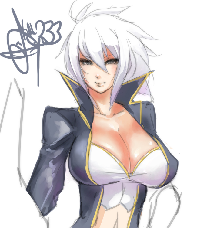blazblue blazblue:_chronophantasma breasts bullet_(blazblue) bustier cleavage eu03 impossible_clothes large_breasts navel popped_collar short_hair sketch solo white_hair