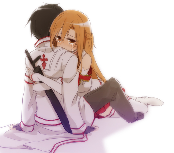 1girl asuna_(sao) bad_id bad_pixiv_id black_hair brown_eyes brown_hair detached_sleeves hug kirito long_hair rin_(royal) sheath short_hair skirt sword_art_online tears thighhighs white_legwear