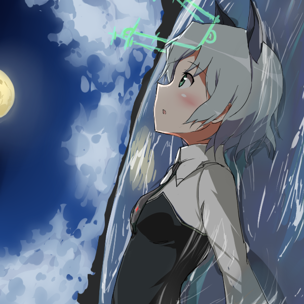 animal_ears bad_id bad_pixiv_id blush cat_ears cloud green_eyes hirschgeweih_antennas military military_uniform moon necktie partially_submerged sanya_v_litvyak short_hair silver_hair sky solo strike_witches suisen_toire_(moko924) uniform water world_witches_series