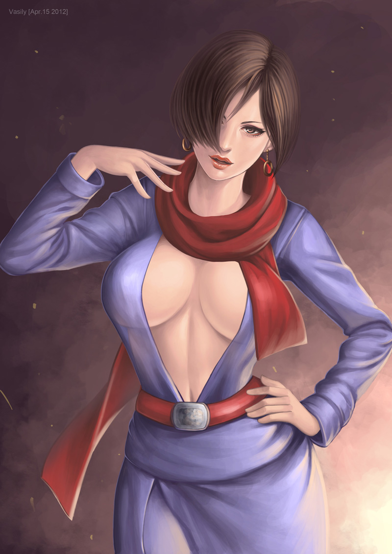 1girl ada_wong belt breasts brown_eyes brown_hair carla_radames carla_redames earrings hair_over_one_eye hand_on_hip hips jewelry large_breasts lipstick makeup red_scarf resident_evil resident_evil_6 scarf short_hair solo vasily_(run211)