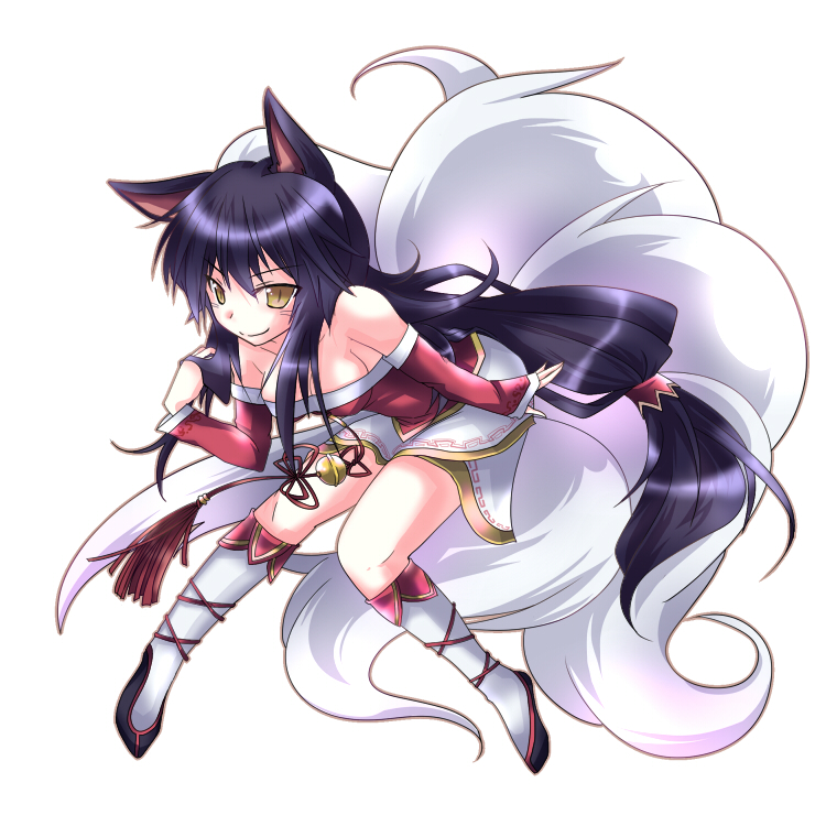 ahri animal_ears bare_shoulders blue_hair breasts cleavage detached_sleeves elk_(huge) facial_mark fox_ears fox_tail kneehighs korean_clothes league_of_legends long_hair medium_breasts multiple_tails ponytail smile solo tail whisker_markings white_background yellow_eyes