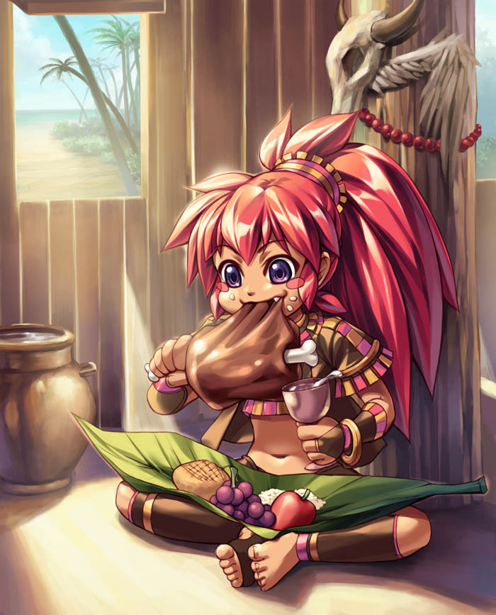 apple barefoot blush_stickers boned_meat butterfly_sitting eating fang food food_on_face fruit goblet grapes long_hair meat original ponytail purple_eyes red_hair sitting solo toeless_legwear tomy tribal