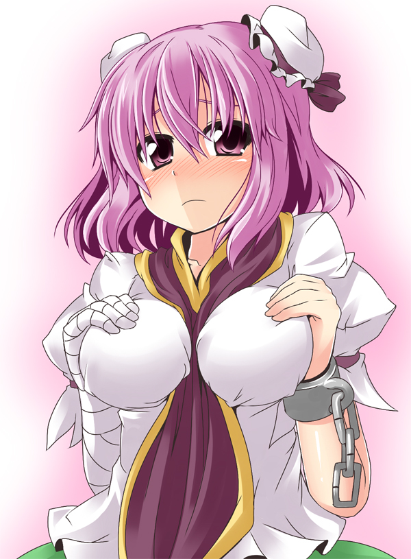 bandages between_breasts blush breast_squeeze breasts chain cuffs double_bun ibaraki_kasen ichimi large_breasts looking_at_viewer puffy_sleeves purple_eyes purple_hair shackles shirt short_hair short_sleeves skirt solo tabard touhou upper_body