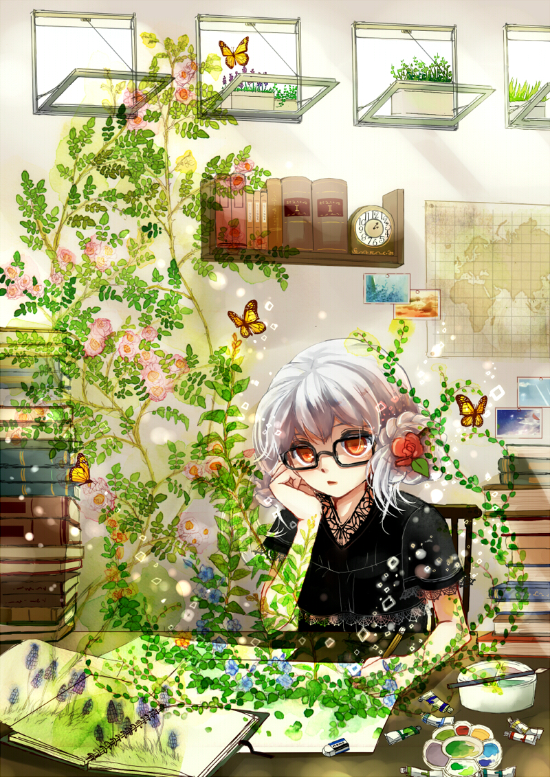 aiha-deko blush book_stack brown_eyes bug butterfly chin_rest drawing flower glasses hyacinth insect oekaki_musume original paint paint_tube palette pencil plant short_hair short_sleeves silver_hair sketchbook solo vines window
