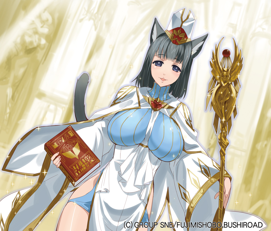 animal_ears between_breasts black_hair blue_eyes book breasts brooch cat_ears cat_tail hat jewelry kusaka_souji large_breasts monster_collection nail_polish official_art parted_lips shinbyou-ki_laala solo sparkle staff tail