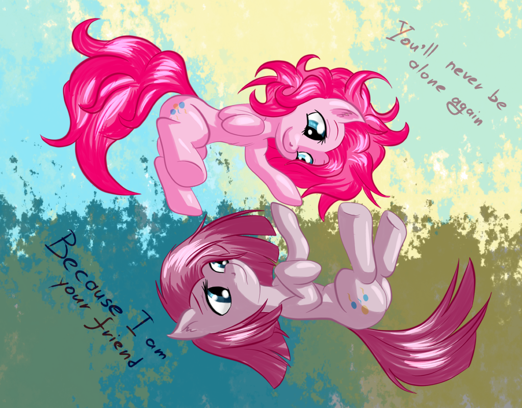 blue_eyes cutie_mark english_text equine eye_contact female feral friendship_is_magic hair horse mammal my_little_pony pink_hair pinkamena_(mlp) pinkie_pie_(mlp) pony smile snus-kun square_crossover text