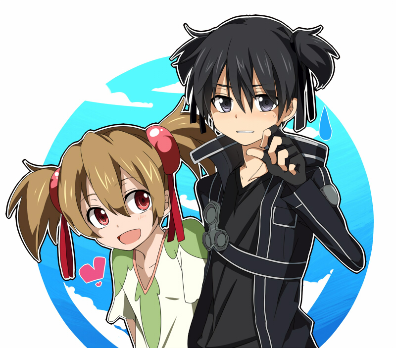 1girl :d alternate_hairstyle asakichi black_eyes black_hair brown_hair d: heart kirito open_mouth red_eyes short_twintails silica smile sweatdrop sword_art_online twintails two_side_up