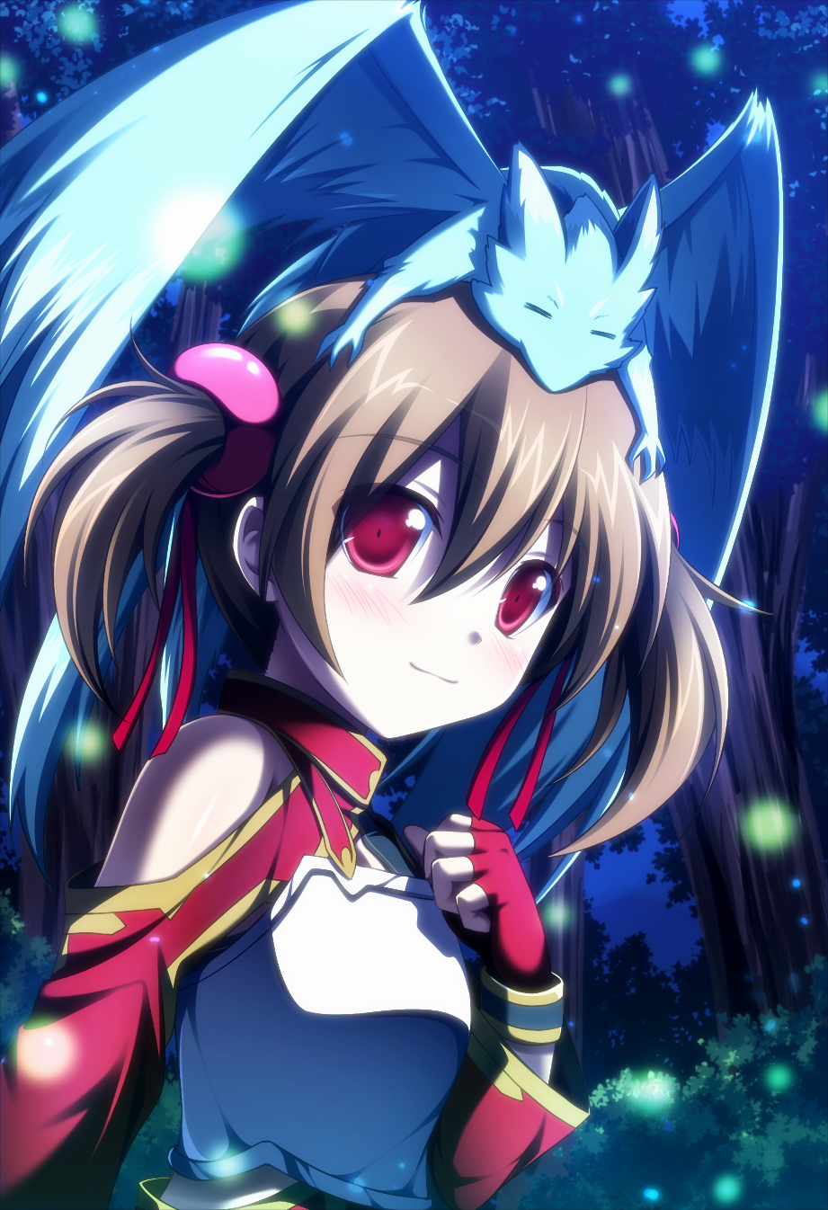 bare_shoulders blush breastplate brown_hair closed_eyes dragon fingerless_gloves gloves hair_ribbon highres on_head pina_(sao) red_eyes ribbon short_twintails silica smile sword_art_online tree tsuda_akira twintails wings