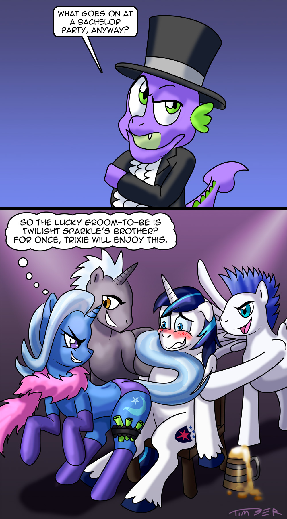 butt chair comic cutie_mark dialog dialogue dragon english_text equine female feral friendship_is_magic hair hat horn horse lapdance male mammal money my_little_pony panties pegasus plain_background pluckyninja pony presenting presenting_hindquarters prostitute scalie shining_armor_(mlp) sitting smile spike_(mlp) suit text top_hat trixie_(mlp) two_tone_hair underwear unicorn whore wings
