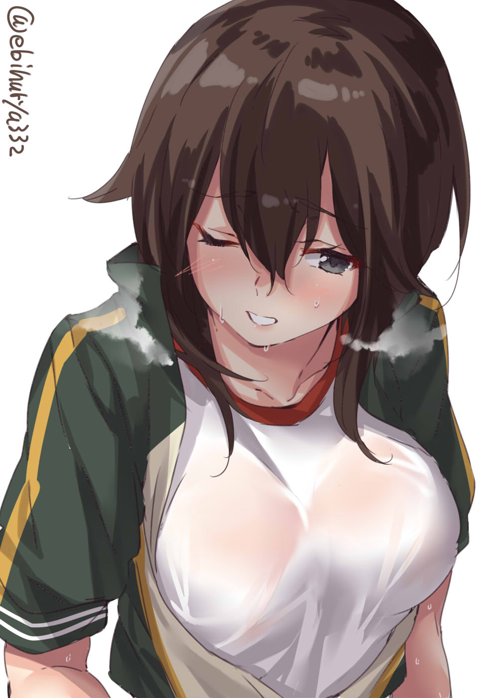 1girl black_hair blush brown_hair ebifurya gym_shirt hair_between_eyes hayasui_(kantai_collection) highres jacket kantai_collection looking_at_viewer one_eye_closed open_clothes open_jacket parted_lips see-through shiny shiny_hair shirt short_hair short_sleeves silver_eyes solo steam sweat track_jacket turtleneck twitter_username upper_body wet wet_clothes wet_shirt white_background zipper