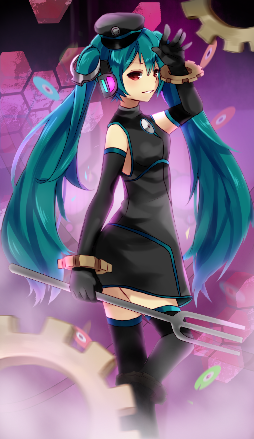 elbow_gloves gears gloves green_hair hat hatsune_miku headphones highres long_hair peaked_cap project_diva_(series) project_diva_f red_eyes sadistic_music_factory_(vocaloid) solo thighhighs twintails very_long_hair vocaloid yunare