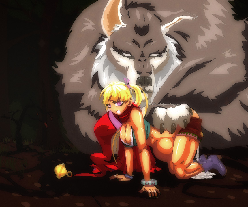 big_bad_wolf big_breasts blonde_hair breasts canine cleavage clothed clothing cum cum_inflation cum_leaking excessive_cum female grin hair human inflation leaking_cum little_red_riding_hood looking_at_viewer majalis male mammal pregnant smile wolf