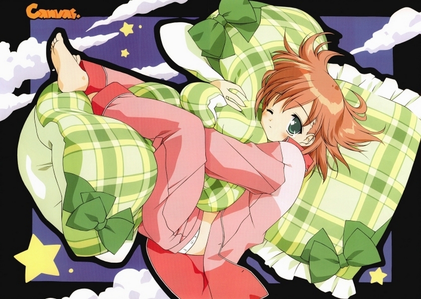 1girl barefoot blush canvas hug pajamas pillow pillow_hug pillows ribbon solo tachibana_amane wink